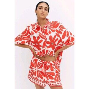 HM Red White Floral Pattern Loose Fit Short Sleeve Twill Top Drawstring Shorts L